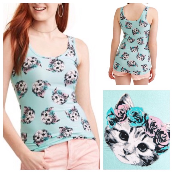 Tops - Darling Cat with Flower Crown Tank LARGE